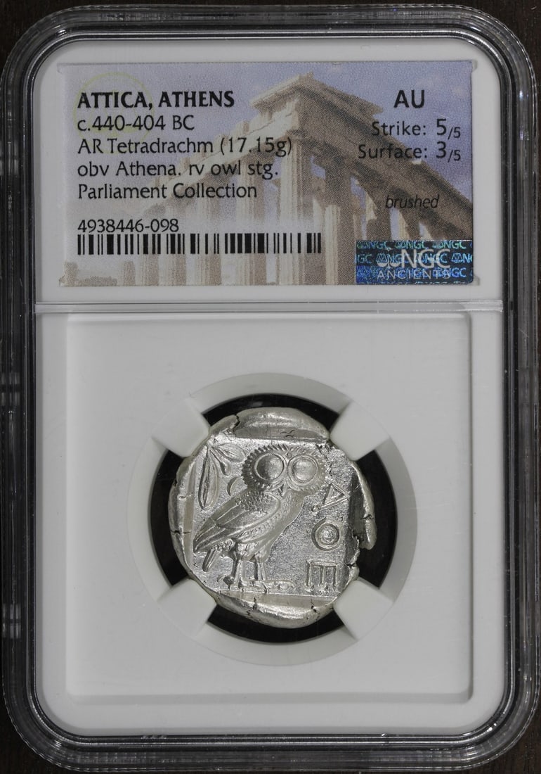 Ancient Athens Tetradrachm Silver Coin 440-404 BC Certified by NGC: Ancient Athens Tetradrachm Silver Coin 440-404 BC Certified by NGC This Attica Athens AR Tetradrachm dates from 440-404 BC, representing the ancient Greek era. Struck in silver, this coin is certified