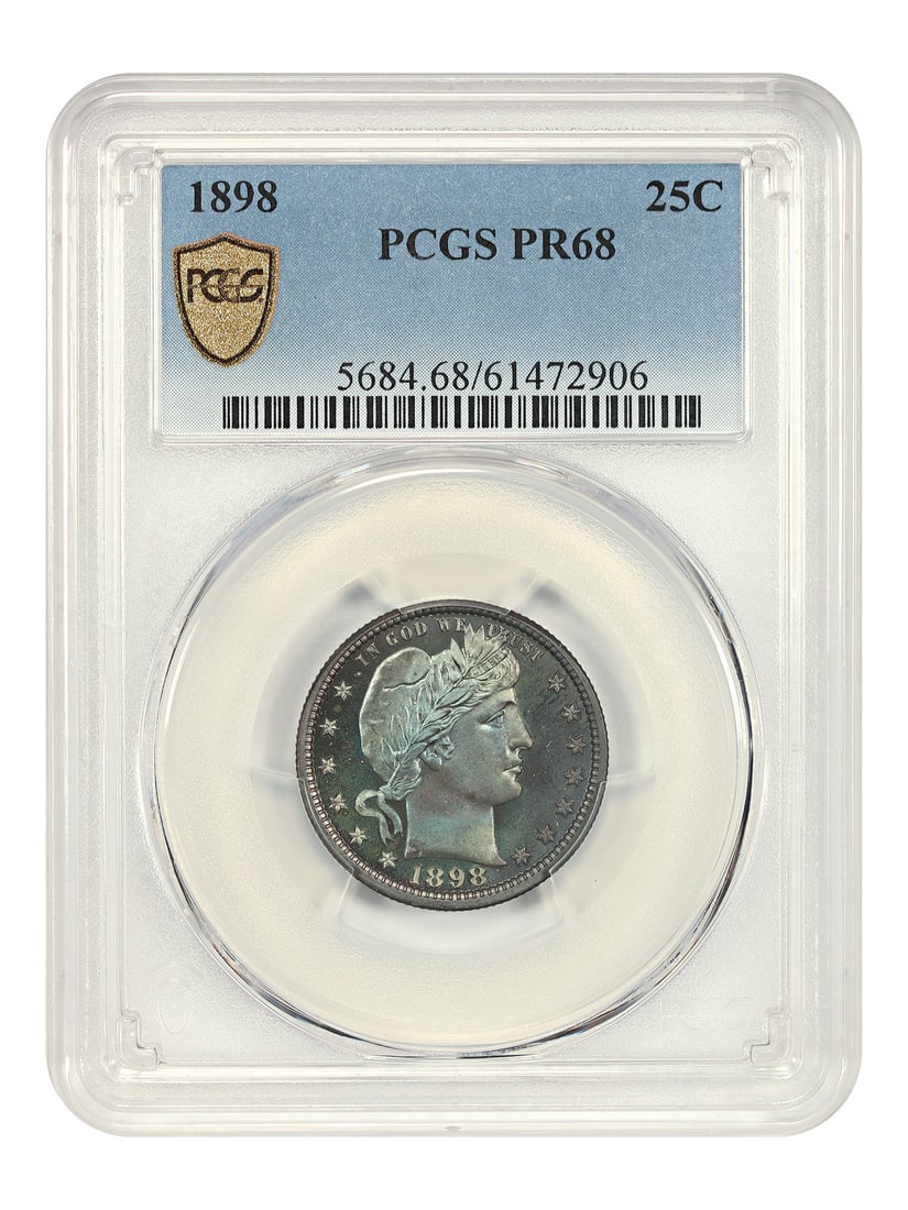 Proof 1898 Barber Quarter PCGS PR68 Philadelphia Mint: Proof 1898 Barber Quarter PCGS PR68 Philadelphia Mint This 1898 Barber Quarter is a rare proof coin graded PR68 by PCGS. Struck at the Philadelphia Mint, it is part of a limited mintage of only 735 pr