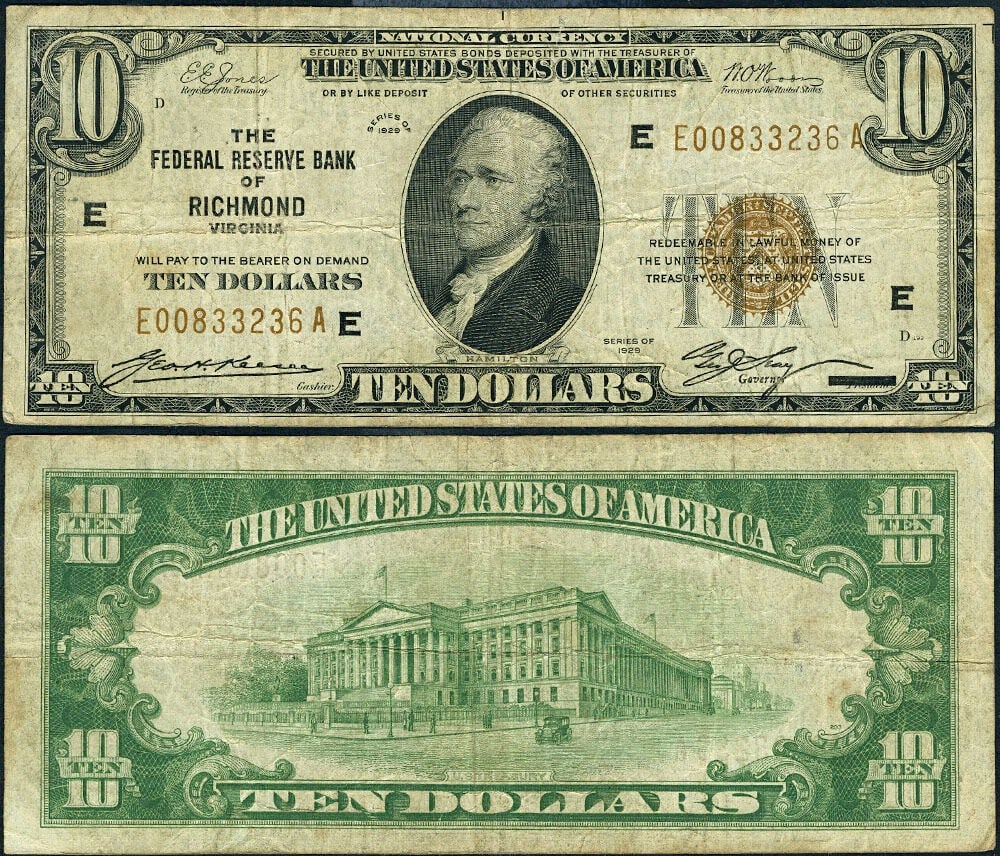 1929 $10 Federal Reserve Bank Richmond E-A Block Fine+ (1 of 3)