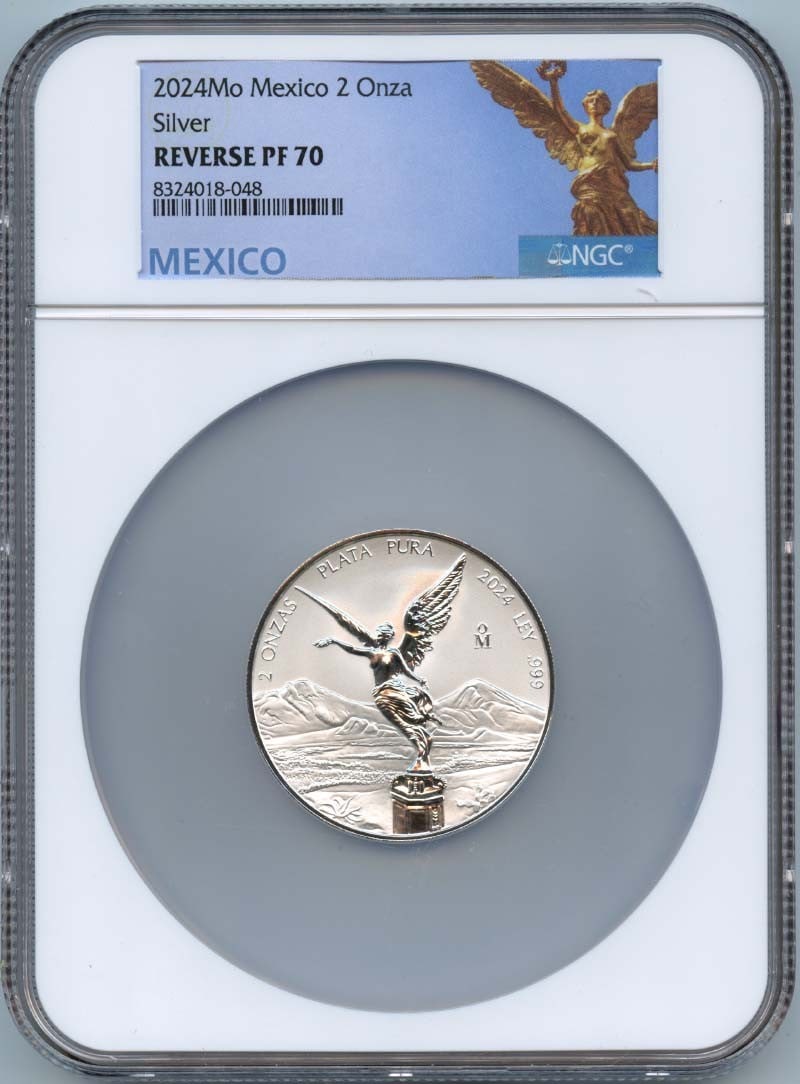 2024 Mexico 2 Onza Silver Libertad NGC RP70 Certified Coin: 2024 Mexico 2 Onza Silver Libertad NGC RP70 Certified Coin This 2024 Mexico Libertad 2 Onza silver coin is graded RP70 by NGC, indicating an un-used and flawless condition. The coin is pre-owned and c