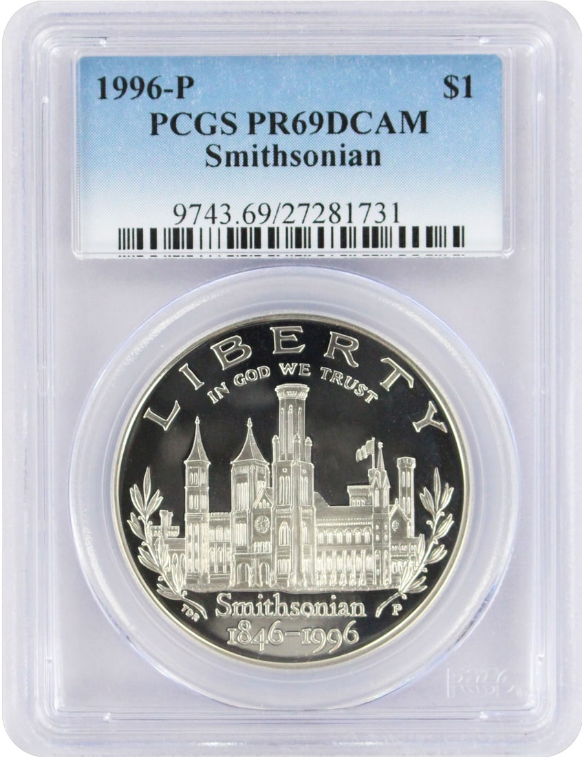 PCGS PR69 Deep Cameo 1996-P Smithsonian Silver Proof Commemorative Dollar: PCGS PR69 Deep Cameo 1996-P Smithsonian Silver Proof Commemorative Dollar This 1996-P Smithsonian commemorative dollar is a proof coin struck in silver. Graded PR69 Deep Cameo by PCGS, it is uncircula
