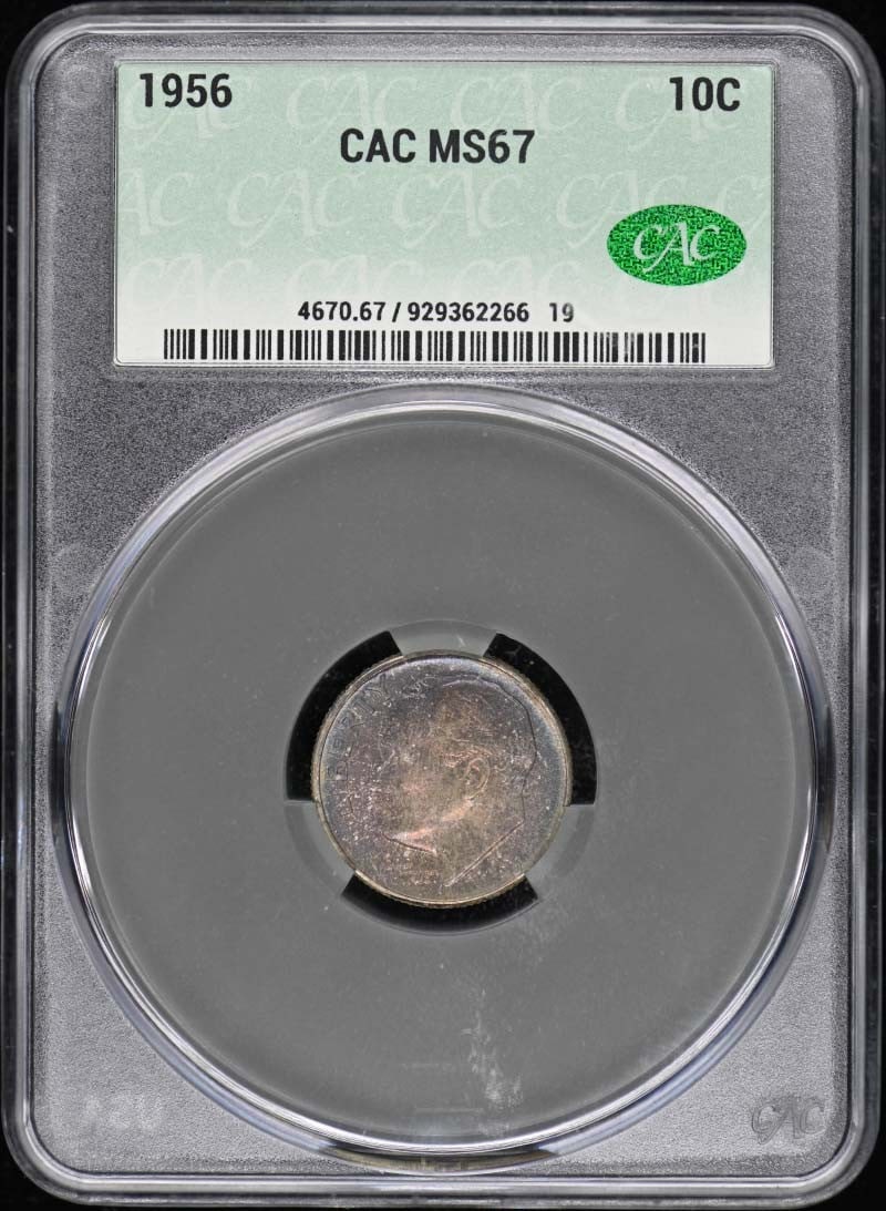 1956 Roosevelt Dime CACG MS67 Uncirculated Philadelphia Mint: 1956 Roosevelt Dime CACG MS67 Uncirculated Philadelphia Mint This 1956 Roosevelt Dime, certified by CACG, is an exceptional specimen graded MS67, indicating it is in uncirculated condition. Minted in 