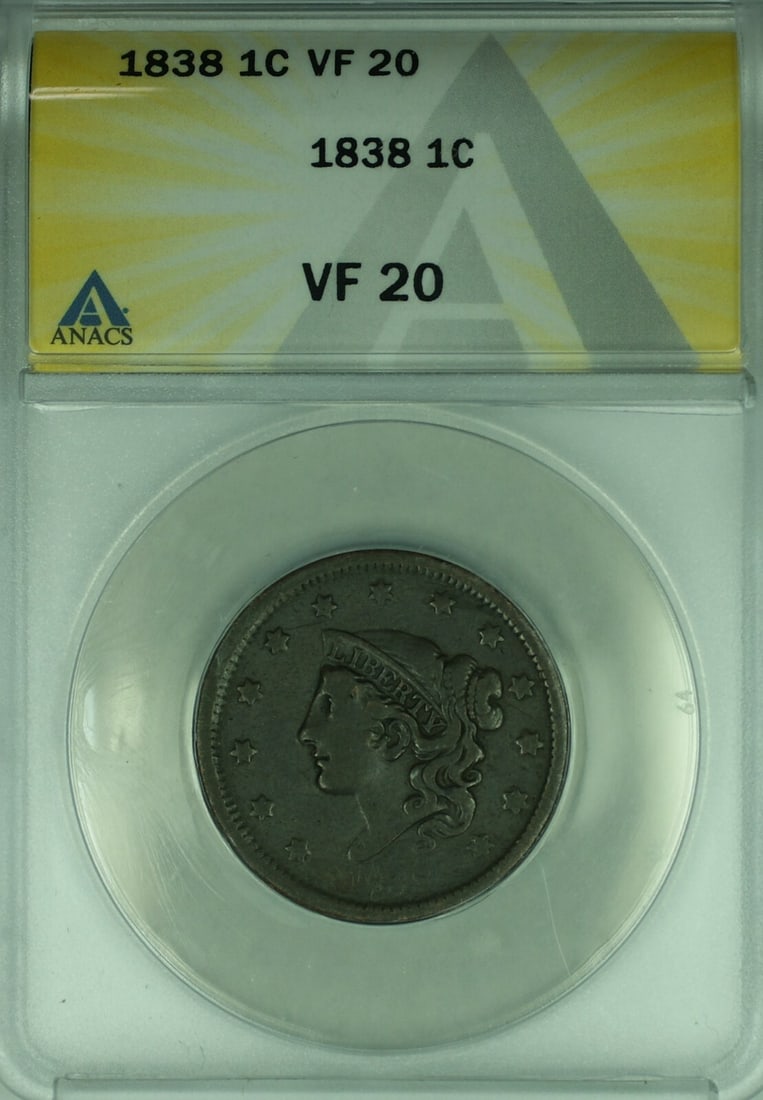1838 ANACS VF 20 Coronet Head Large Cent from Philadelphia: 1838 ANACS VF 20 Coronet Head Large Cent from Philadelphia This is an 1838 Coronet Head Large Cent certified by ANACS with a grade of VF-20. Minted in Philadelphia, this circulated coin from the Unite