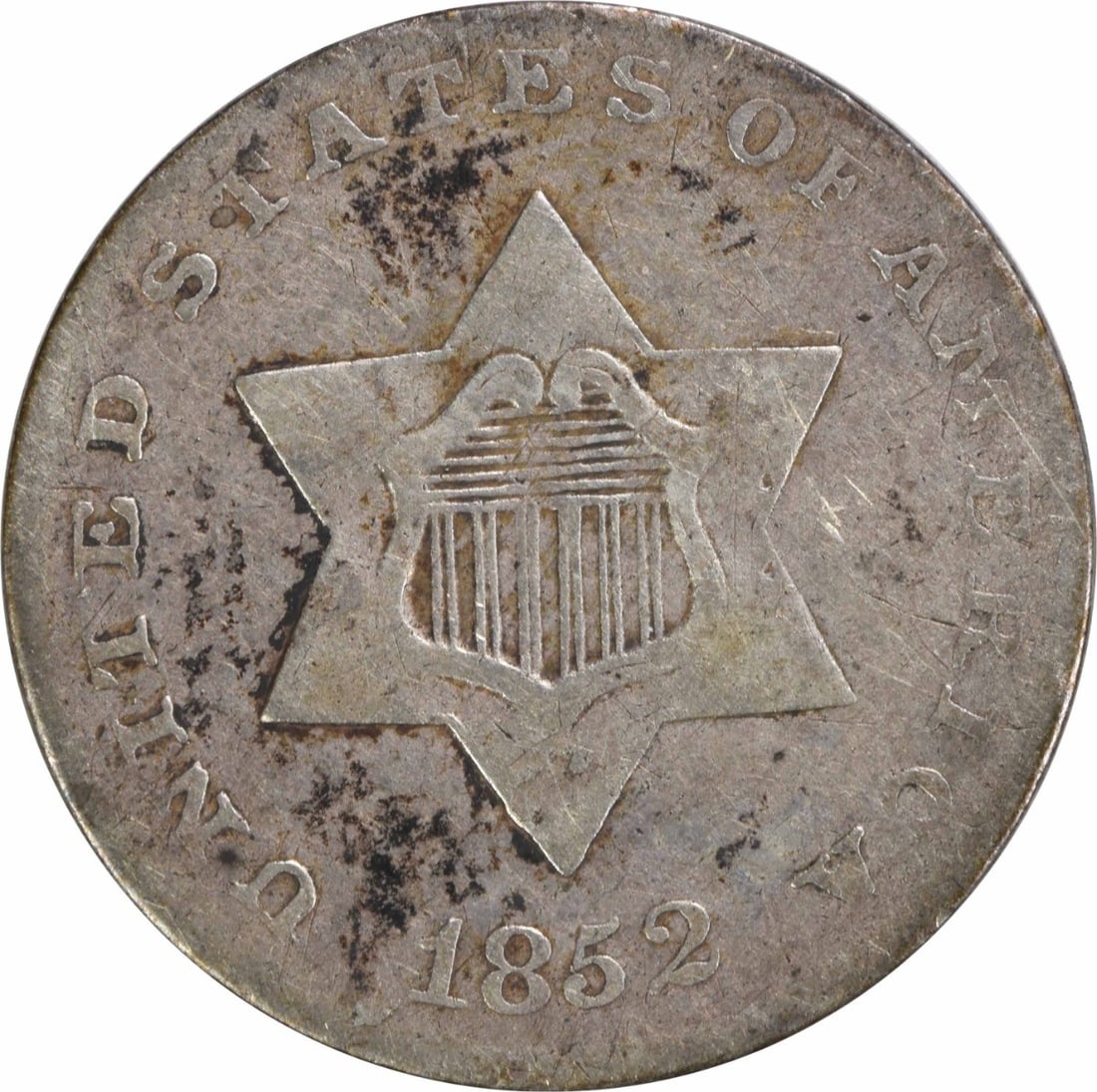 1852 Three Cent Silver Coin F Grade Uncertified USA: 1852 Three Cent Silver Coin F Grade Uncertified USA This 1852 Three Cent Silver coin, originating from the United States, features a composition of 75% silver and 25% copper. Designed by James Barton 