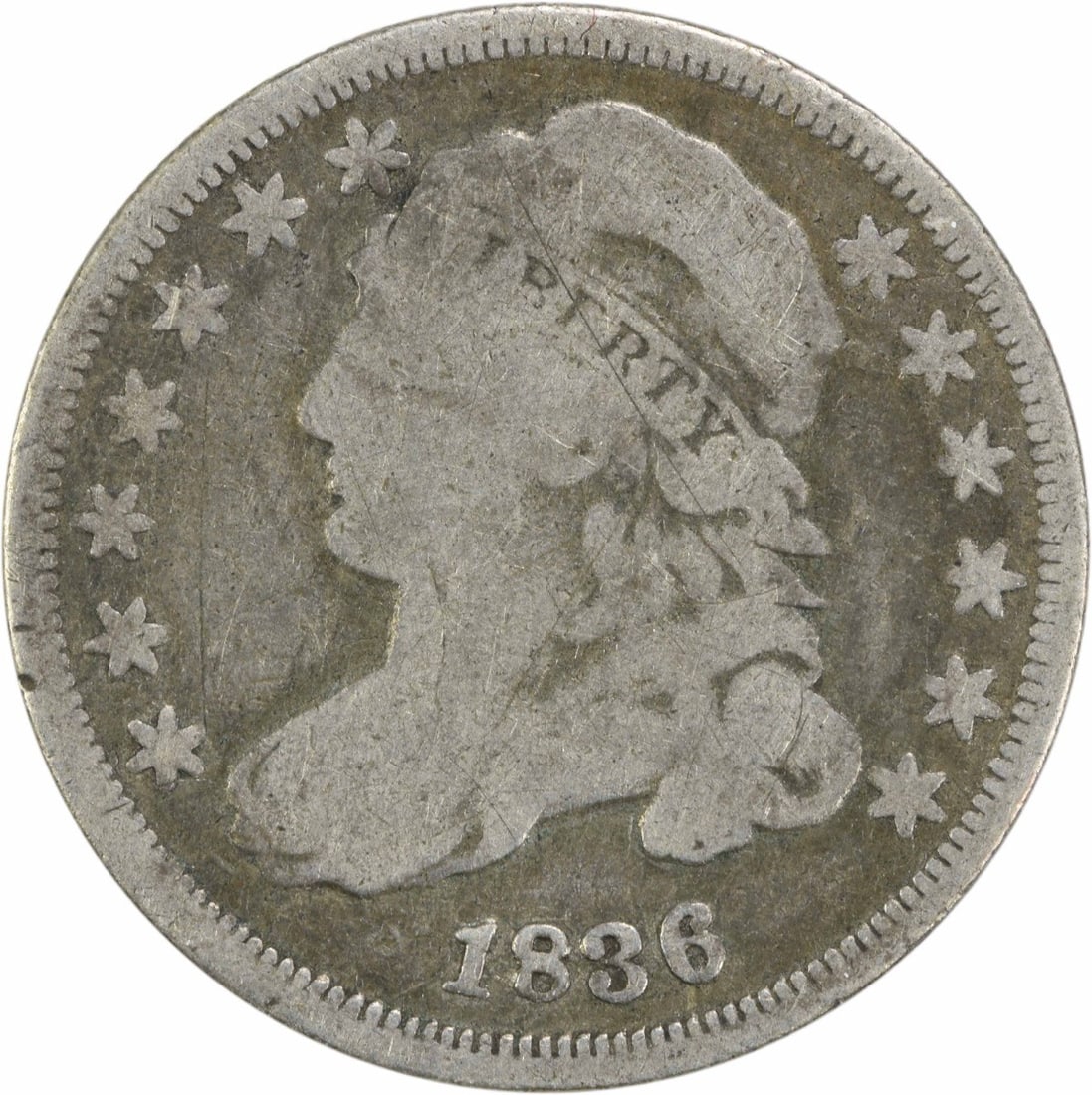 1836 Capped Bust Silver Dime 10C Uncertified VG: 1836 Capped Bust Silver Dime 10C Uncertified VG This 1836 Capped Bust Silver Dime is a remarkable piece of American numismatic history, featuring a classic design by renowned engraver John Reich. Stru