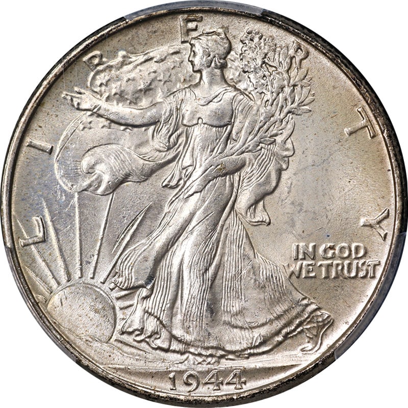 1944-P Walking Liberty Half Dollar PCGS MS64 Silver Coin: 1944-P Walking Liberty Half Dollar PCGS MS64 Silver Coin This 1944-P Walking Liberty Half Dollar is a stunning piece, boasting an uncirculated grade of MS64 by PCGS. It features excellent eye appeal w