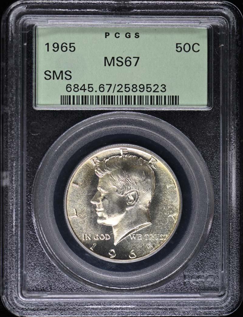 1965 Kennedy Half Dollar Type 2 Silver Clad PCGS SP67 Uncirculated: 1965 Kennedy Half Dollar Type 2 Silver Clad PCGS SP67 Uncirculated This 1965 50C SMS Kennedy Half Dollar is a remarkable addition to any coin collection. Certified by PCGS with a grade of SP67, this u