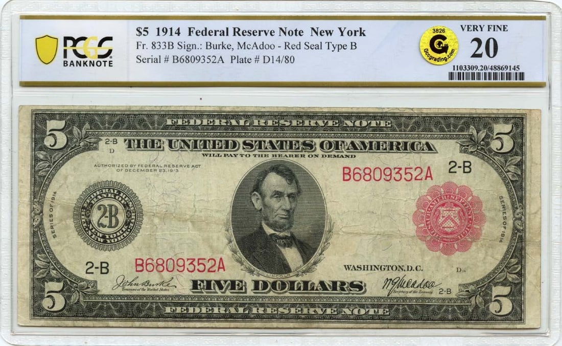 1914 $5 Federal Reserve Note New York PCGS VF20 Certified: 1914 $5 Federal Reserve Note New York PCGS VF20 Certified This 1914 $5 Federal Reserve Note from New York is a noteworthy collectible, graded VF20 by PMG. It is a circulated piece, showcasing its hist