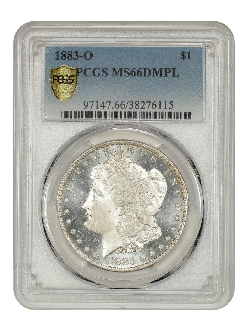PCGS MS66DMPL 1883-O Morgan Silver Dollar New Orleans Mint: PCGS MS66DMPL 1883-O Morgan Silver Dollar New Orleans Mint This 1883-O Morgan Dollar is certified by PCGS with a grade of MS66DMPL. The coin features deep-mirror prooflike surfaces, displaying primari