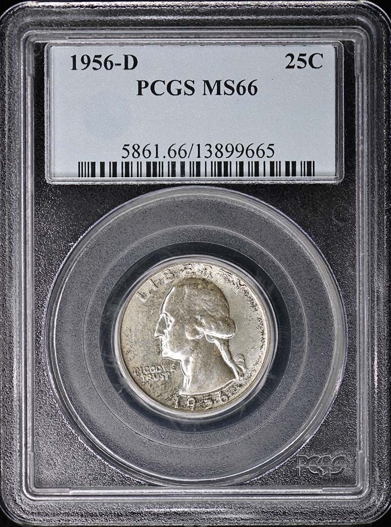 PCGS MS66 1956-D Washington Quarter Uncirculated: PCGS MS66 1956-D Washington Quarter Uncirculated This is a 1956-D Washington Quarter graded MS66 by PCGS. The coin is uncirculated and was minted in Denver in 1956. It is a pre-owned coin and carries 