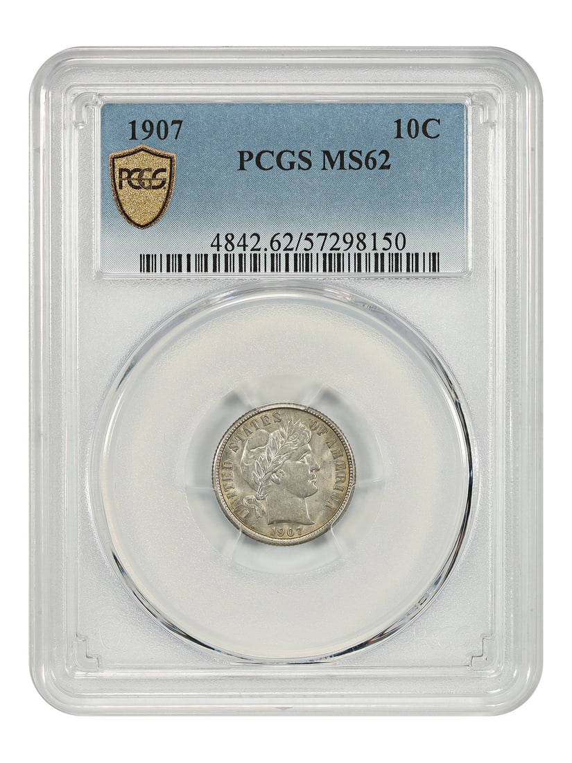 1907 Barber Dime 10C Uncirculated PCGS MS62 Philadelphia: 1907 Barber Dime 10C Uncirculated PCGS MS62 Philadelphia This is a 1907 Barber Dime graded MS62 by PCGS. The coin is uncirculated and was minted in Philadelphia. It is part of the Barber Dime series a
