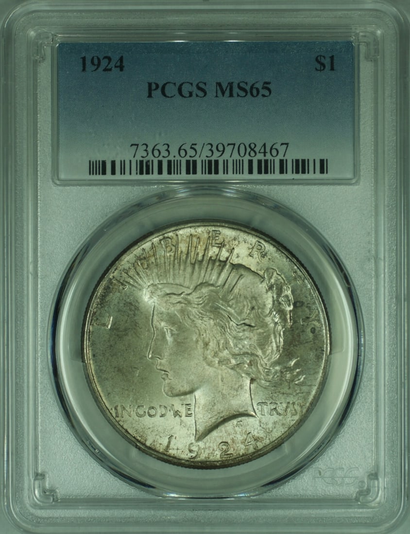 PCGS MS-65 1924 Peace Dollar Silver Coin Light Toning: PCGS MS-65 1924 Peace Dollar Silver Coin Light Toning This is a 1924 Peace Silver Dollar $1 coin from the United States, certified by PCGS with a grade of MS-65. The coin is uncirculated and features 
