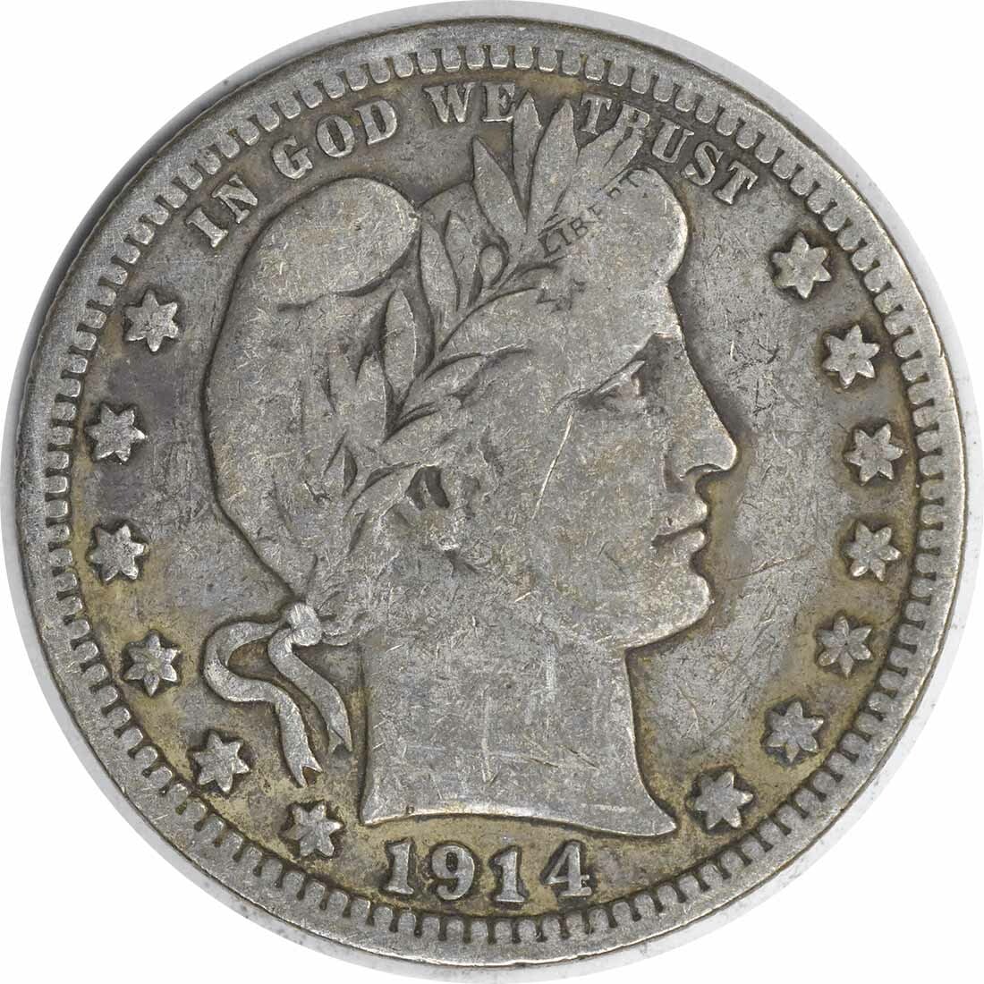 1914-S Barber Quarter 90% Silver F Grade Circulated Coin: 1914-S Barber Quarter 90% Silver F Grade Circulated Coin This 1914-S Barber Silver Quarter is a historical coin that showcases the artistry of designer Charles E. Barber. Struck at the San Francisco m