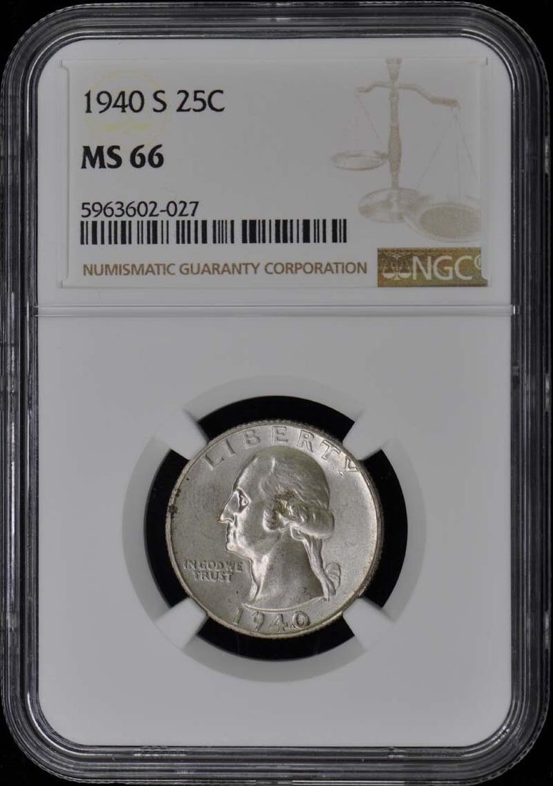 1940-S Washington Quarter NGC MS66 Uncirculated San Francisco: 1940-S Washington Quarter NGC MS66 Uncirculated San Francisco This 1940-S Washington Quarter is certified by NGC with a grade of MS66, indicating an uncirculated condition. Minted in San Francisco, th