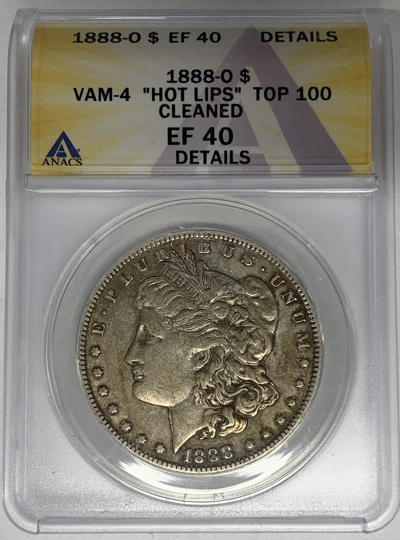 ANACS XF 40 1888-O Morgan Dollar Hot Lips VAM-4 Top 100 Silver Coin: ANACS XF 40 1888-O Morgan Dollar Hot Lips VAM-4 Top 100 Silver Coin This is an 1888-O Morgan Silver Dollar featuring the Hot Lips VAM-4 variety, certified by ANACS with an XF 40 Details grade. The coi