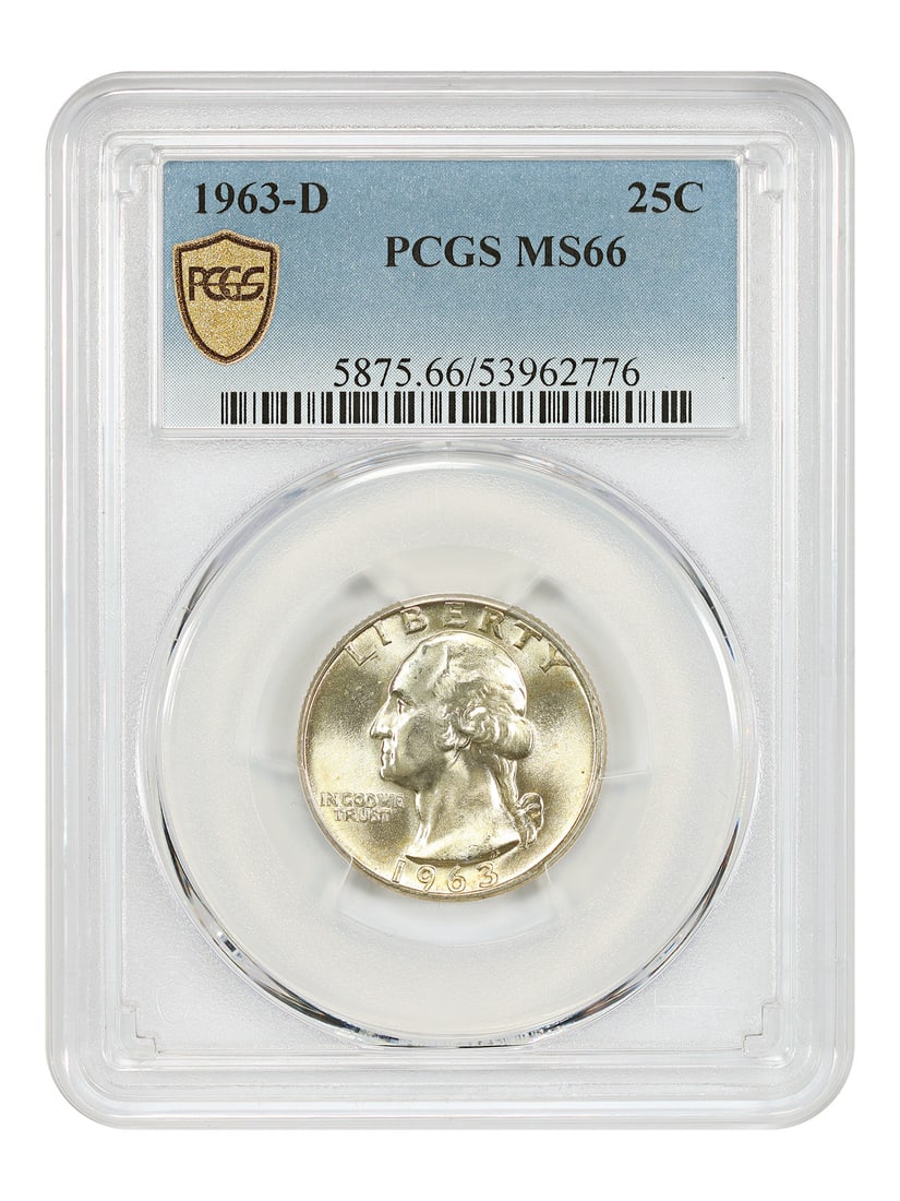 PCGS MS66 1963 Denver Washington Quarter 25C Uncirculated: PCGS MS66 1963 Denver Washington Quarter 25C Uncirculated This is a 1963-D Washington Quarter graded MS66 by PCGS. The coin is uncirculated and was minted in Denver. It belongs to the Washington Quart