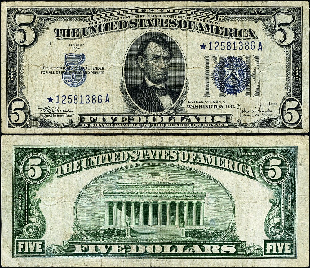 1934-C $5 Silver Certificate Star Note FR 1653 Non-Mule *-A Block VF (1 of 3)