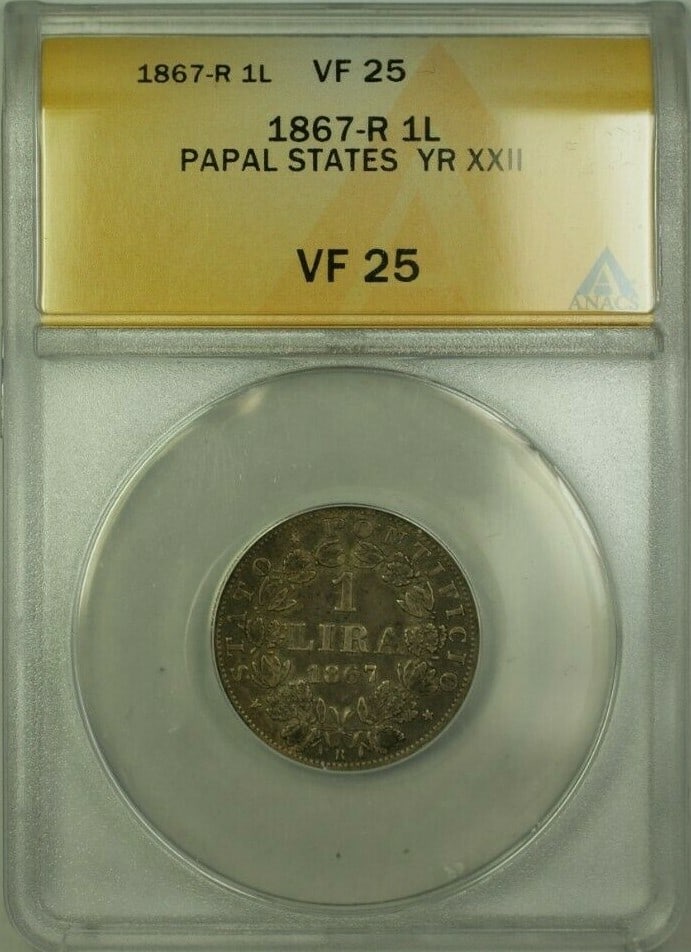 ANACS VF 25 Papal States 1867-R 1 Lira Year XXII Certified Coin: ANACS VF 25 Papal States 1867-R 1 Lira Year XXII Certified Coin This 1867-R Papal States Year XXII 1 Lira coin is certified by ANACS with a grade of VF 25. It is a pre-owned collectible from the Papal