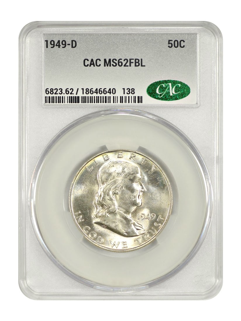 Franklin Half Dollar 1949-D CACG MS62FBL Key Date Coin: Franklin Half Dollar 1949-D CACG MS62FBL Key Date Coin This 1949-D Franklin Half Dollar is a popular key date coin, graded MS62FBL by CACG. Struck at the Denver Mint, this uncirculated 50-cent piece i