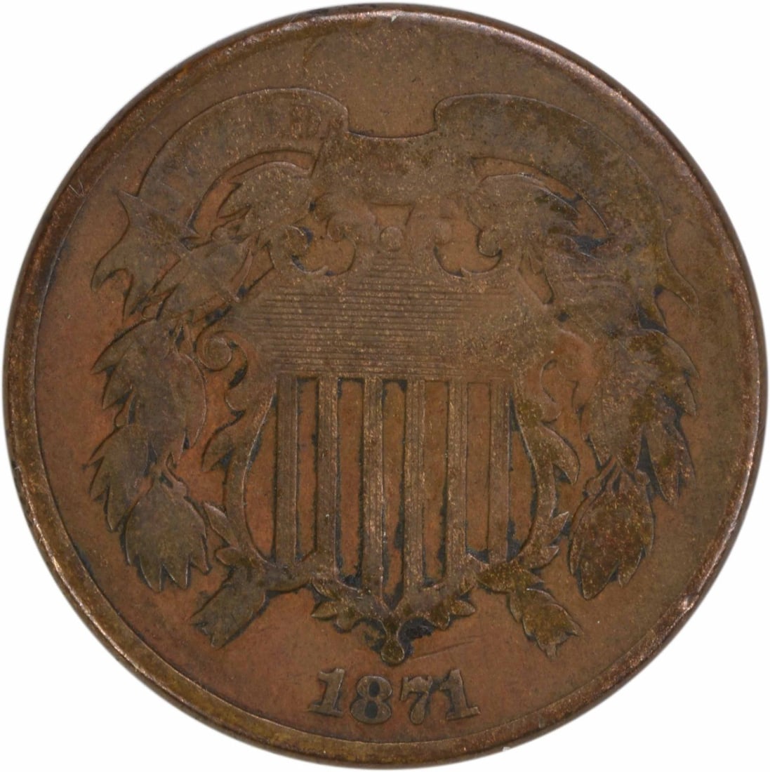 1871 Two Cent Piece Bronze VG Uncertified Philadelphia Mint: 1871 Two Cent Piece Bronze VG Uncertified Philadelphia Mint This 1871 Two Cent Piece showcases a classic design by James Barton Longacre, struck in bronze at the Philadelphia Mint. The coin is categor