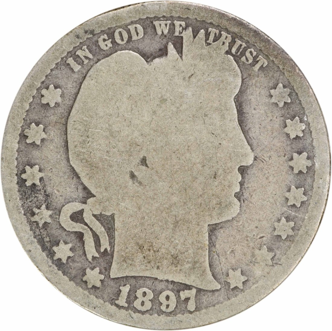 1897-S Barber Quarter 90% Silver Circulated Coin Uncertified: 1897-S Barber Quarter 90% Silver Circulated Coin Uncertified This 1897-S Barber Silver Quarter showcases a rich history with its striking design by Charles E. Barber. Minted in San Francisco, this qua