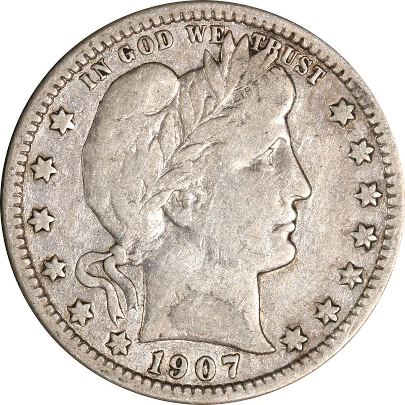 1907 Silver Quarter from New Orleans Mint Barber Series: 1907 Silver Quarter from New Orleans Mint Barber Series This is a 1907-O Barber Quarter, minted in New Orleans. The coin is composed of silver with a fineness of 0.9. It is a circulated example and re