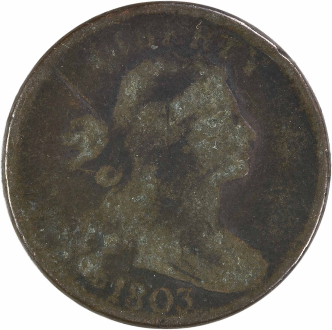 1803 Draped Bust Large Cent Copper Coin AG Grade Uncertified: 1803 Draped Bust Large Cent Copper Coin AG Grade Uncertified This 1803 Draped Bust Large Cent is an uncertified, pre-owned copper coin struck at the Philadelphia Mint. Designed by Robert Scot, it feat