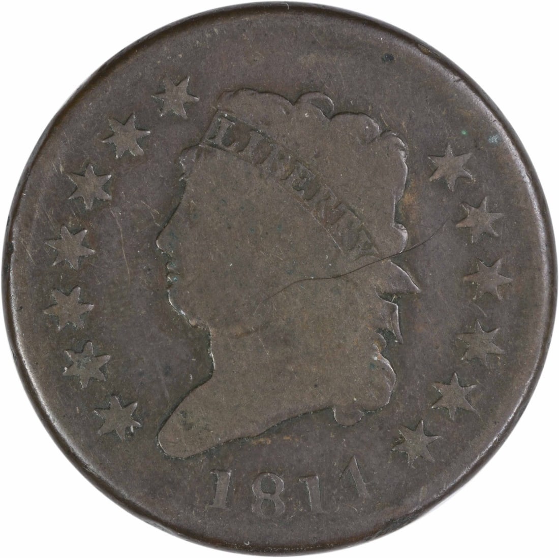 1814 Classic Head Large Cent Copper Coin VG Uncertified: 1814 Classic Head Large Cent Copper Coin VG Uncertified This 1814 Classic Head Large Cent is a circulated coin from the United States, minted in Philadelphia. Designed by John Reich, it features a pla