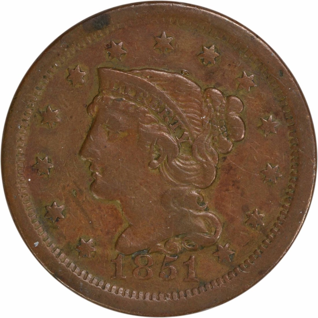 1851 Braided Hair Large Cent EF Copper Coin #1006: 1851 Braided Hair Large Cent EF Copper Coin #1006 This 1851 Large Cent, featuring the Braided Hair design by Christian Gobrecht, is a remarkable piece of American numismatic history. It is an ungraded