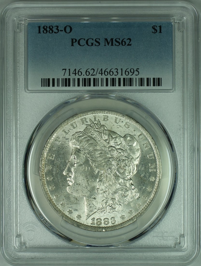 PCGS MS-62 1883-O Morgan Dollar New Orleans Silver Coin: PCGS MS-62 1883-O Morgan Dollar New Orleans Silver Coin This is an 1883-O Morgan Silver Dollar graded MS-62 by PCGS. Minted in New Orleans, this uncirculated coin has a silver composition with a finen