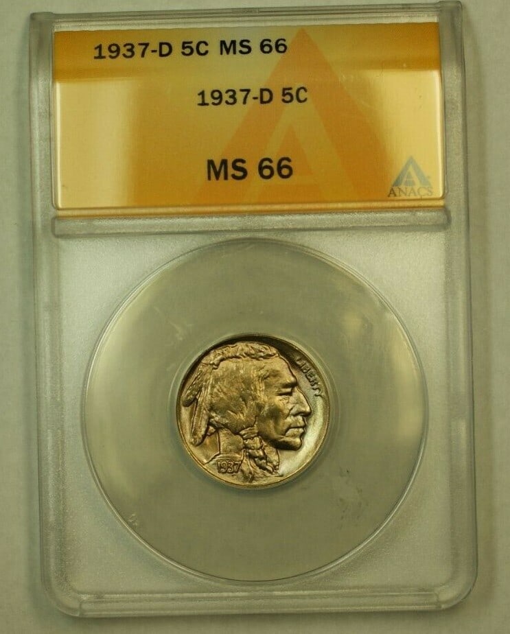 ANACS MS-66 Graded 1937-D Buffalo Nickel Denver Mint Uncirculated: ANACS MS-66 Graded 1937-D Buffalo Nickel Denver Mint Uncirculated This is a 1937-D Buffalo Nickel graded MS-66 by ANACS. Minted in Denver, this uncirculated coin from the United States is composed of 