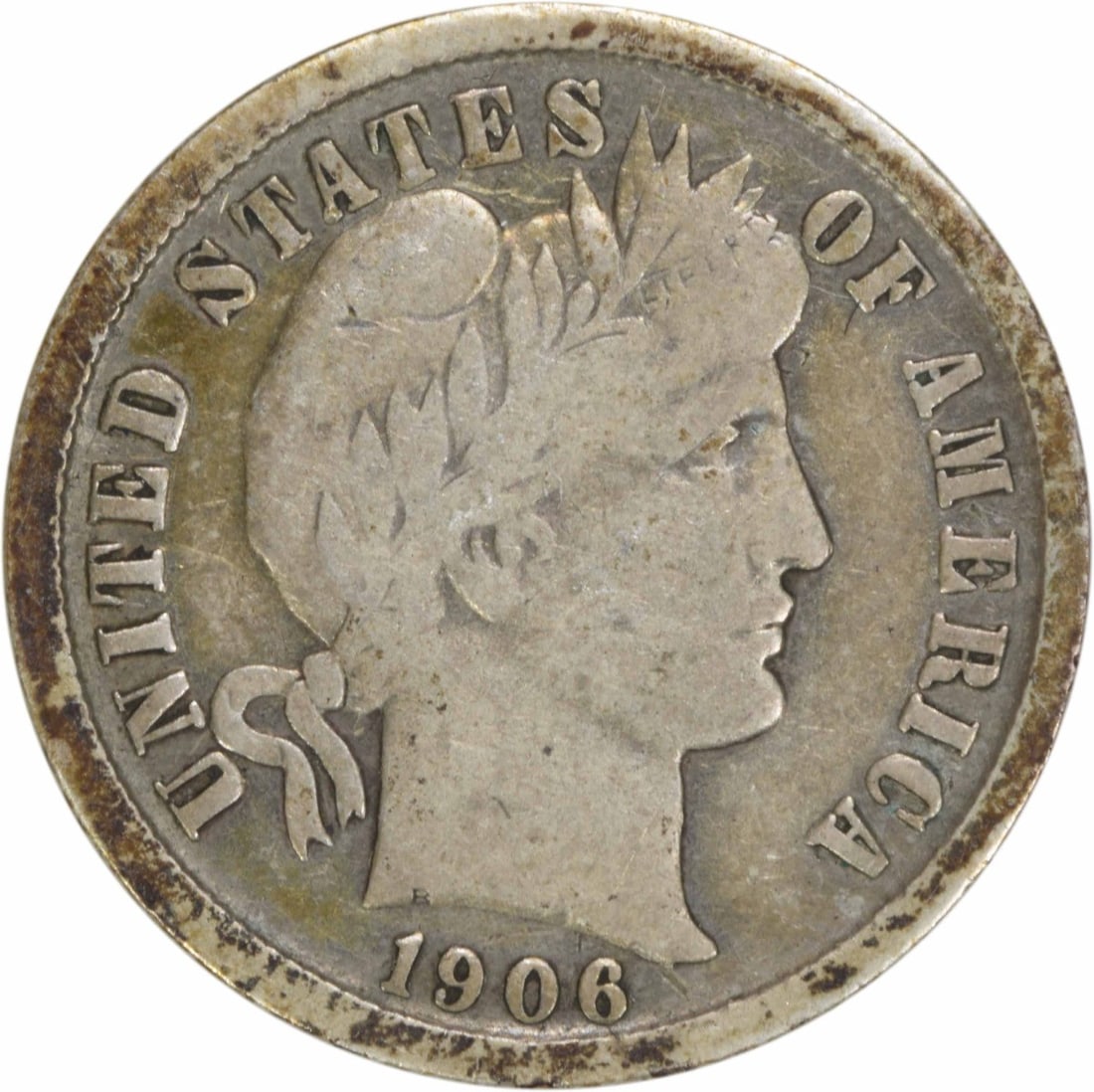 1906-O Barber Silver Dime 90% Silver Uncertified Coin: 1906-O Barber Silver Dime 90% Silver Uncertified Coin This 1906-O Barber Silver Dime is a notable piece of numismatic history. Minted in New Orleans, this coin features the iconic design by Charles E.