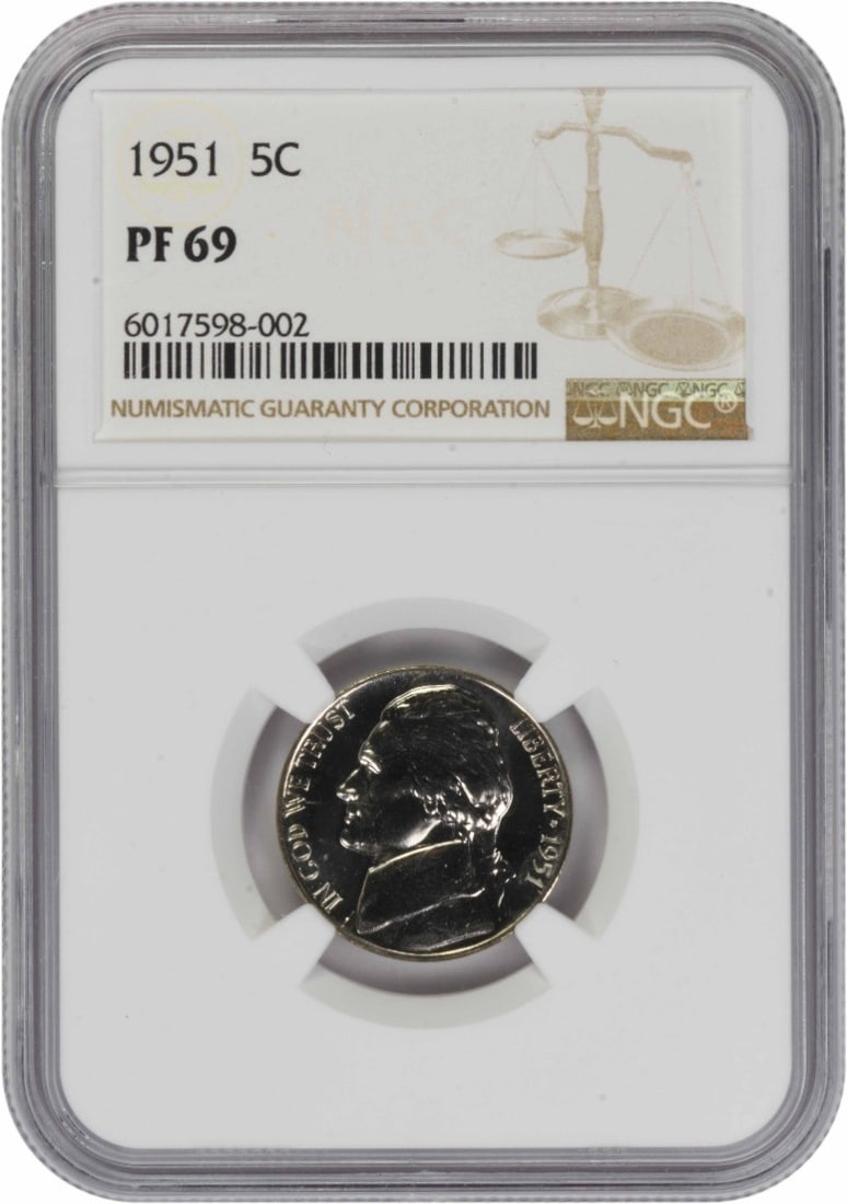 1951 Proof Jefferson Nickel PR69 Certified by NGC: 1951 Proof Jefferson Nickel PR69 Certified by NGC This 1951 Jefferson Nickel is a proof strike graded PR69 by NGC. The coin features a composition of 75% copper and 25% nickel, and was minted in Phila