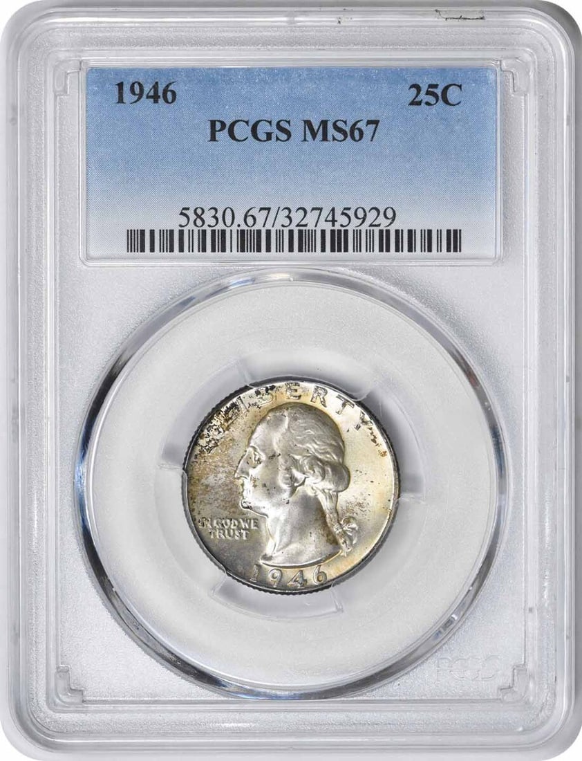 1946 Washington Silver Quarter MS67 PCGS 90% Silver Uncirculated: 1946 Washington Silver Quarter MS67 PCGS 90% Silver Uncirculated This 1946 Washington Silver Quarter, graded MS67 by PCGS, is a remarkable piece for any coin collector. Struck at the Philadelphia Mint