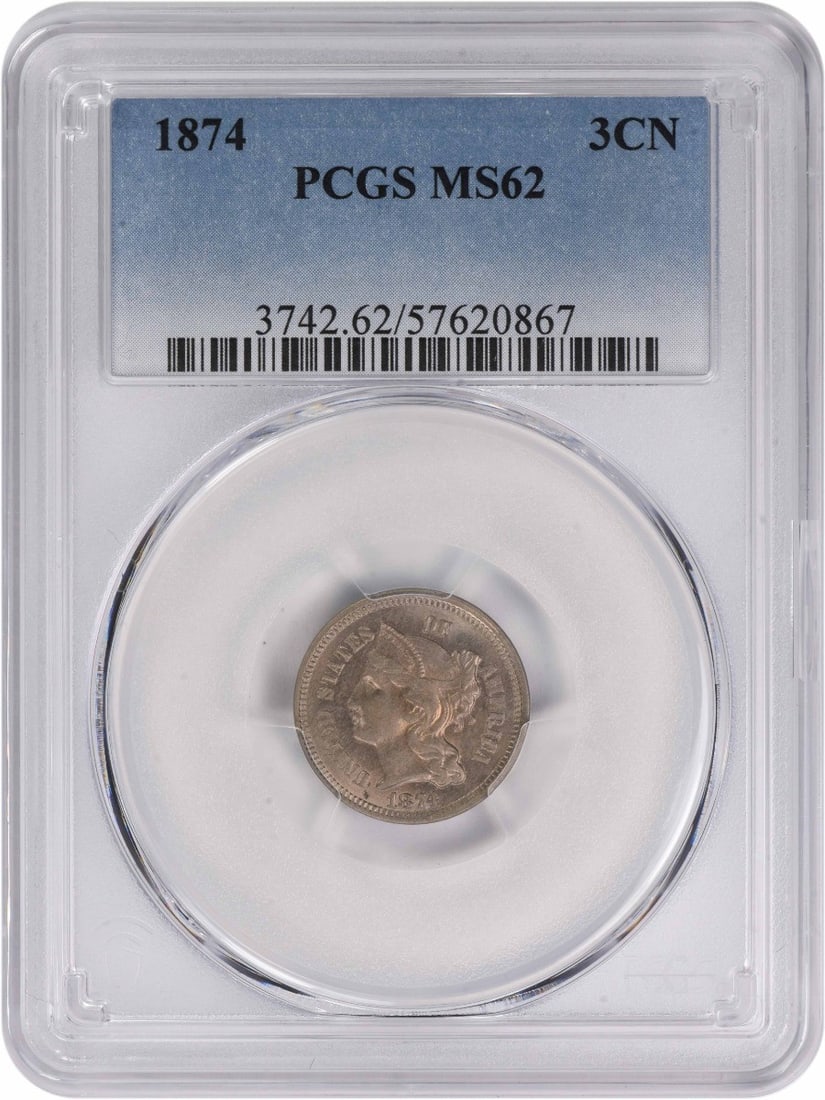 1874 Three Cent Nickel MS62 PCGS Uncirculated Coin: 1874 Three Cent Nickel MS62 PCGS Uncirculated Coin This 1874 Three Cent Nickel is graded MS62 by PCGS, indicating an uncirculated condition. Minted in Philadelphia, this coin features a composition of