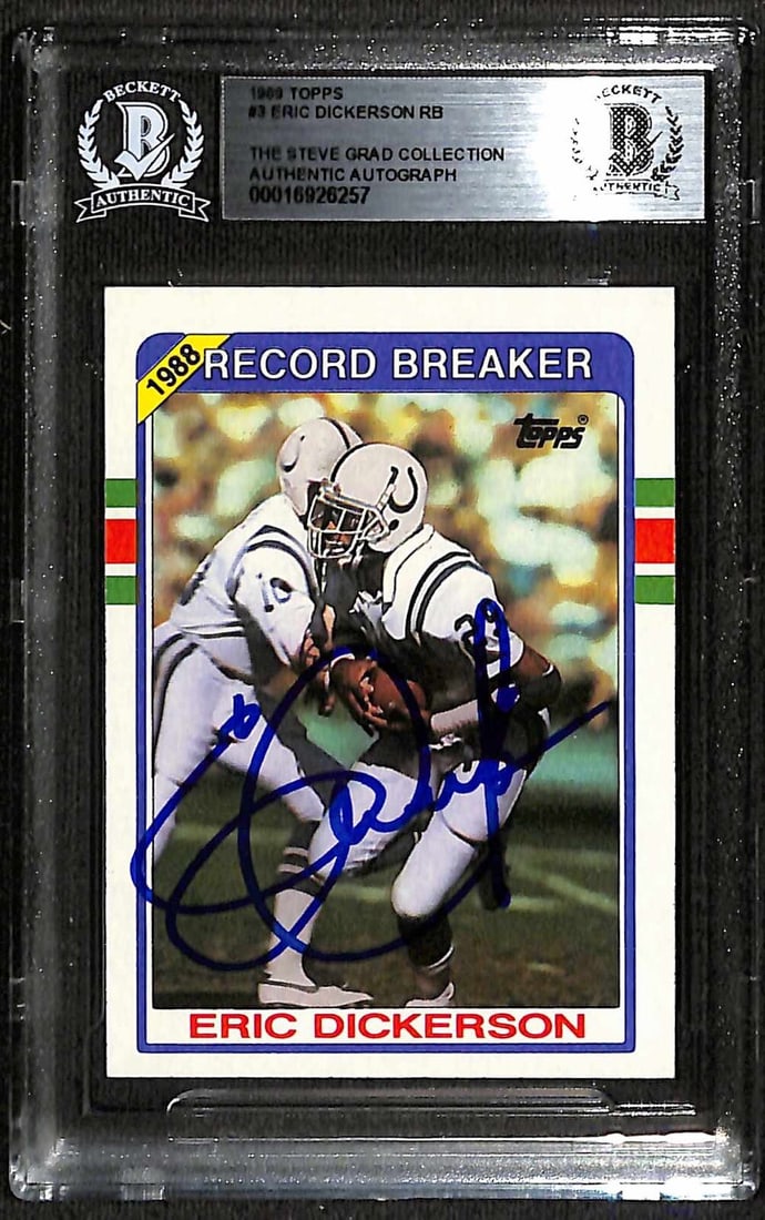 Eric Dickerson Signed 1989 Topps Football Card Beckett Authenticated Indianapolis Colts: Eric Dickerson Signed 1989 Topps Football Card Beckett Authenticated Indianapolis Colts This is an original 1989 Topps #3 sports trading card featuring Eric Dickerson of the Indianapolis Colts. The ca
