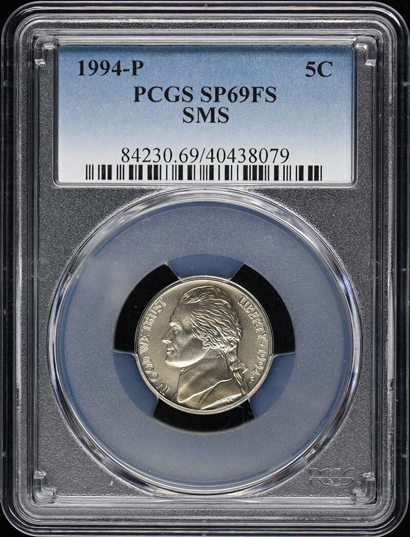 1994-P Jefferson Nickel PCGS SP69FS Uncirculated Philadelphia Mint: 1994-P Jefferson Nickel PCGS SP69FS Uncirculated Philadelphia Mint This 1994-P 5C SMS Jefferson Nickel is certified by PCGS and graded as SP69FS, indicating its exceptional quality. Struck in Philadel