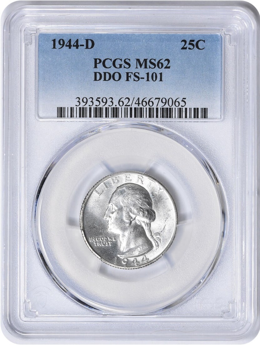 1944-D Washington Silver Quarter DDO FS-101 MS62 Uncirculated PCGS: 1944-D Washington Silver Quarter DDO FS-101 MS62 Uncirculated PCGS This 1944-D Washington Silver Quarter features a stunning double die obverse (DDO) variety, graded MS62 by PCGS, ensuring its high qu