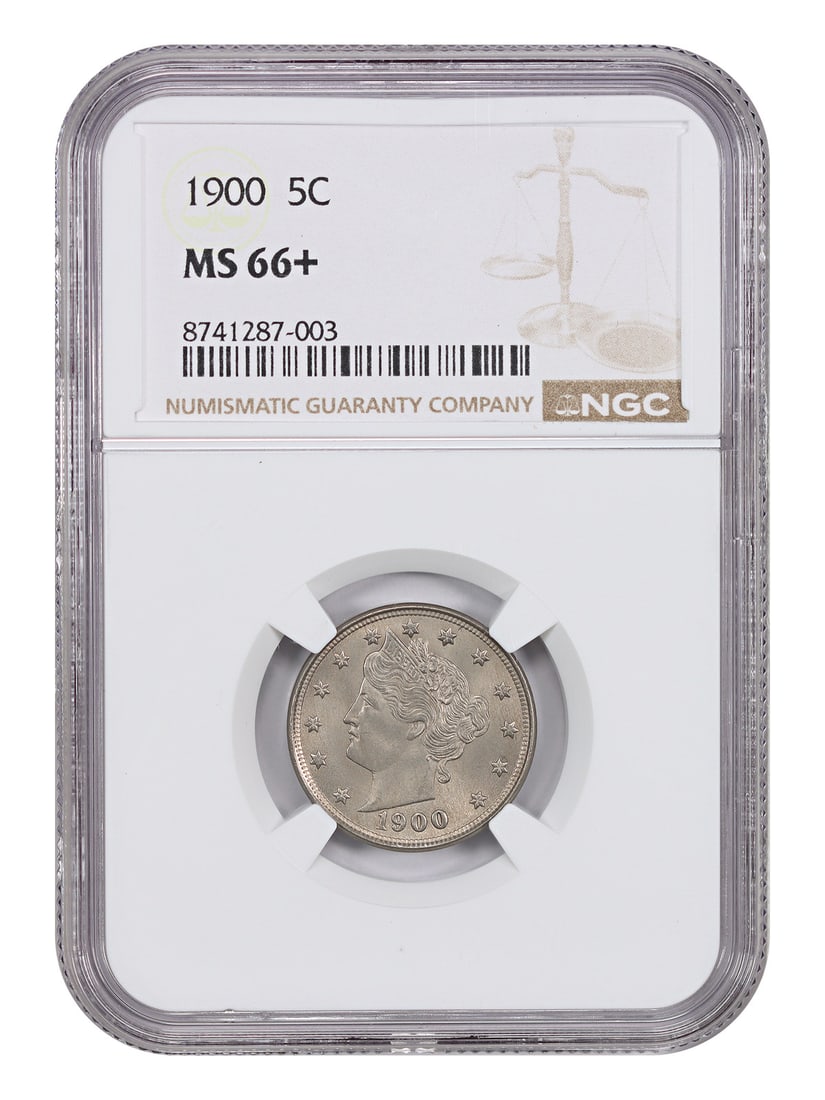 NGC MS66 Plus 1900 Five Cent Liberty Nickel Philadelphia Mint: NGC MS66 Plus 1900 Five Cent Liberty Nickel Philadelphia Mint This 1900 Liberty Nickel is graded MS66+ by NGC, indicating an uncirculated coin with exceptional quality. Featuring a dusty-grey appearan