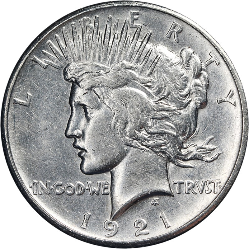 1921 Silver Peace Dollar AU to BU Grade with Attractive Luster: 1921 Silver Peace Dollar AU to BU Grade with Attractive Luster This 1921 Peace Dollar features attractive luster, a strong strike, and appealing surfaces with bright white color. Graded as Choice AU/B