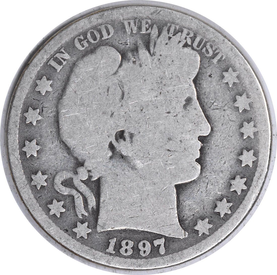 1897-O Barber Silver Half Dollar 90% Silver AG Uncertified: 1897-O Barber Silver Half Dollar 90% Silver AG Uncertified This 1897-O Barber Silver Half Dollar is a collectible piece of American numismatics, featuring the iconic design by Charles E. Barber. This 