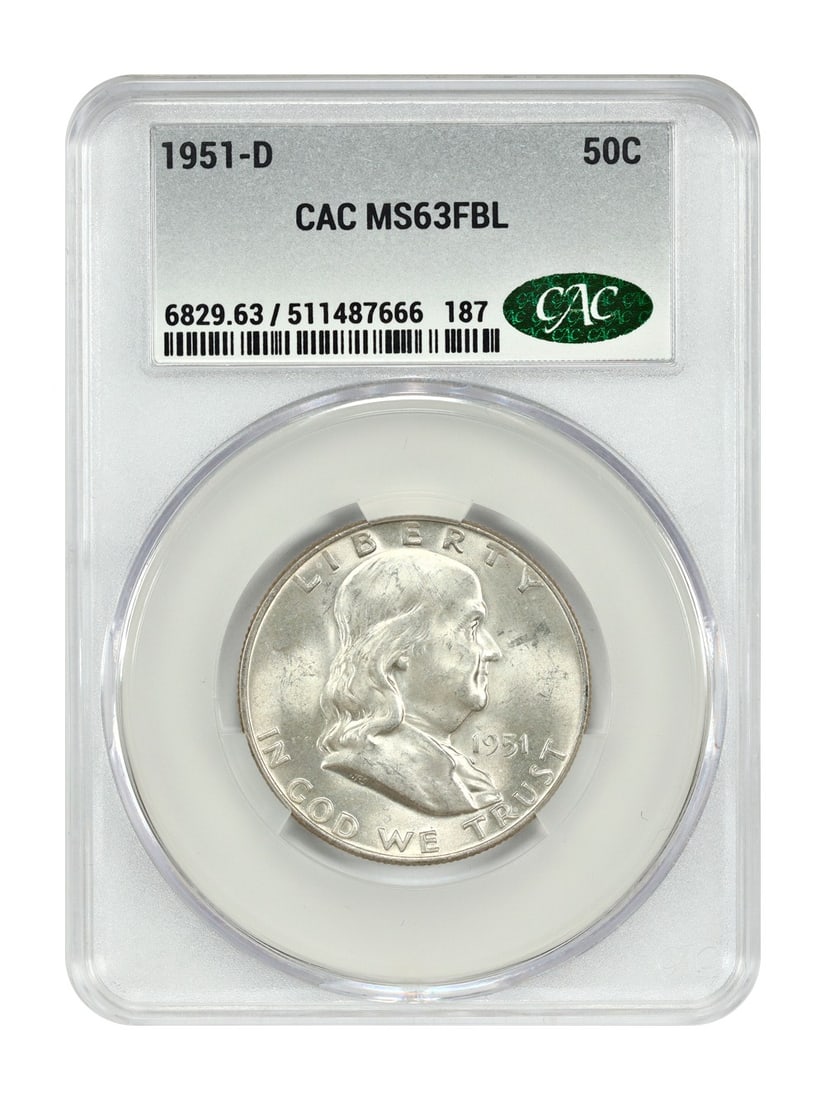 1951 Denver Franklin Half Dollar CACG MS63 FBL Certified: 1951 Denver Franklin Half Dollar CACG MS63 FBL Certified This is a 1951-D Franklin Half Dollar graded MS63FBL by CACG. The coin is uncirculated and features the Full Bell Lines (FBL) designation. Stru