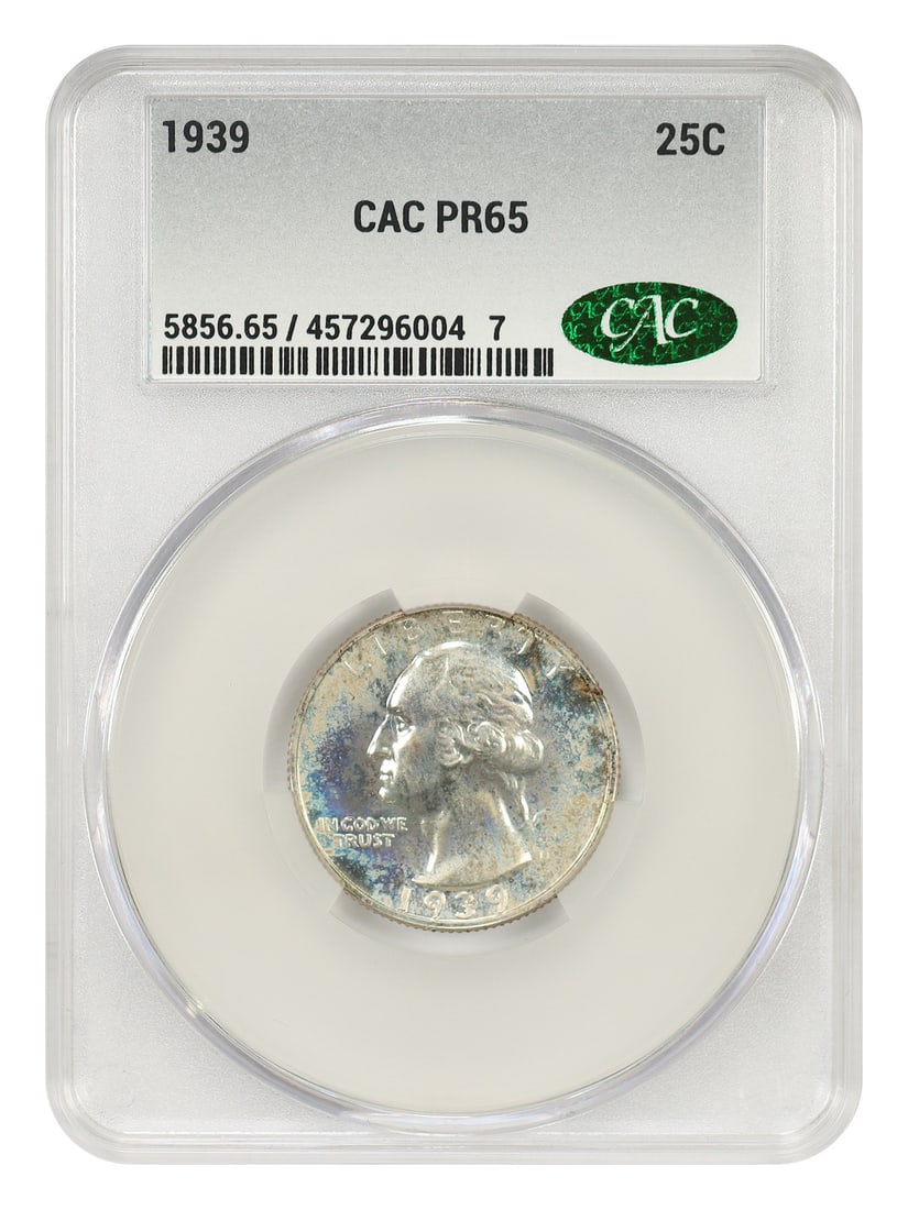 1939 Proof 25C Washington Quarter CACG PR65 Certified Philadelphia Mint: 1939 Proof 25C Washington Quarter CACG PR65 Certified Philadelphia Mint This 1939 Washington Quarter is a proof issue graded PR65 by CACG, featuring a desirable low mintage with only 8,795 coins struc