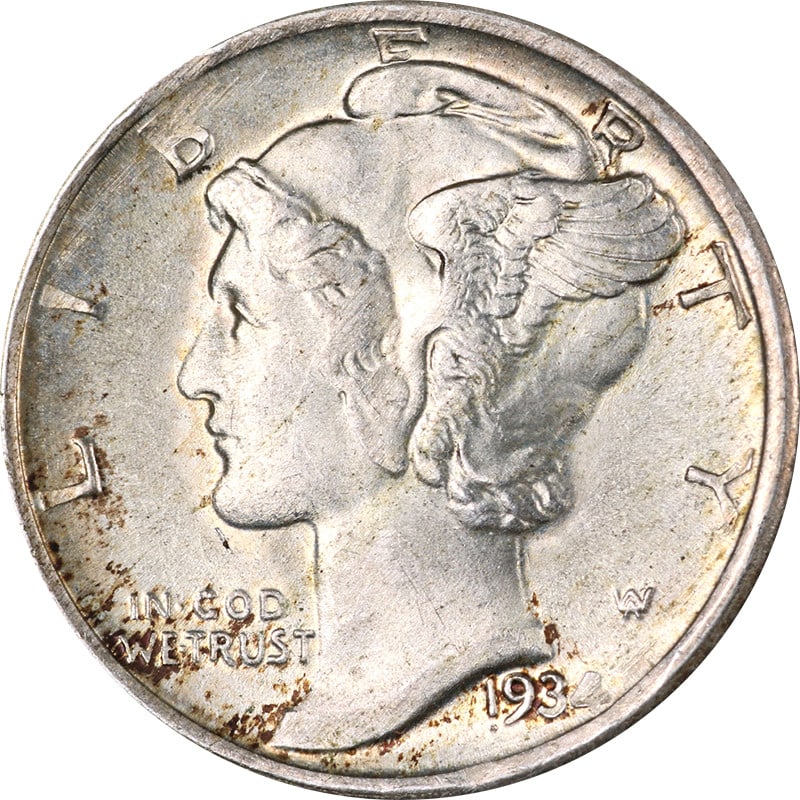 1934 Denver Silver Mercury Dime United States Coin Circulated: 1934 Denver Silver Mercury Dime United States Coin Circulated This is a 1934-D Mercury Dime minted in Denver. The coin is composed of silver with a fineness of 0.9 and originates from the United State