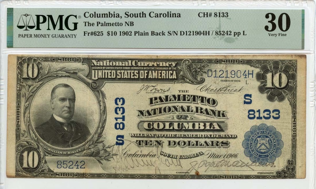 1902 $10 Palmetto National Bank Columbia SC PMG VF30 Certified Note: 1902 $10 Palmetto National Bank Columbia SC PMG VF30 Certified Note This 1902 $10 note from the Palmetto National Bank of Columbia, SC, is a remarkable piece of American currency. Graded as VF30 by PM