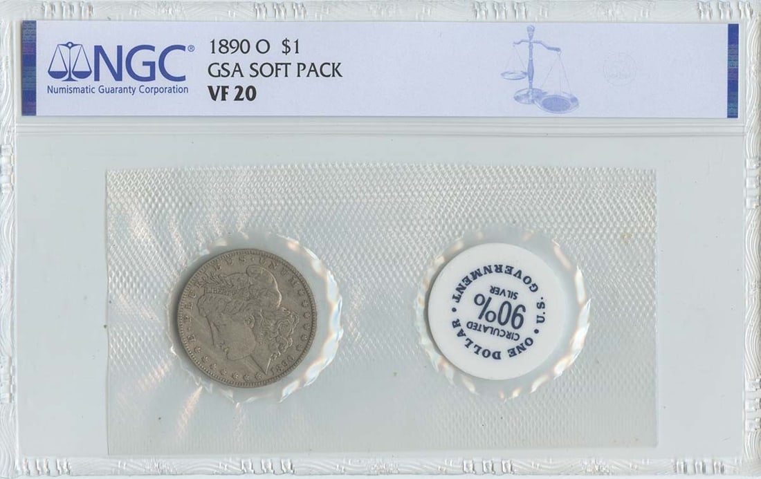 NGC VF20 1890-O Morgan Dollar GSA Soft Pack Silver Coin: NGC VF20 1890-O Morgan Dollar GSA Soft Pack Silver Coin This 1890-O Morgan Dollar is certified by NGC with a grade of VF20. Minted in New Orleans, this circulated coin comes in a GSA soft pack, making