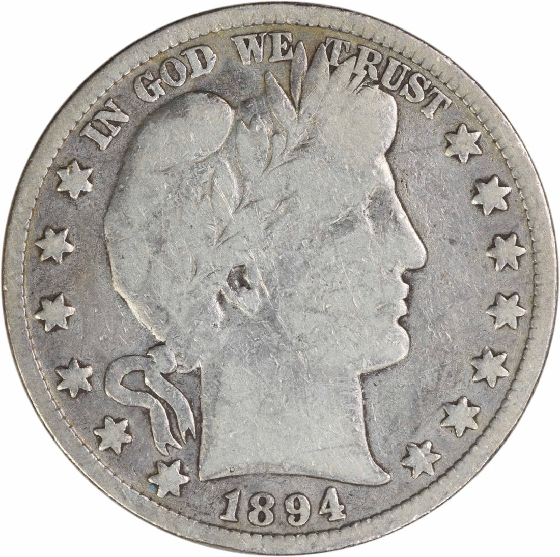 1894 Barber Half Dollar VG Grade Philadelphia Uncertified Silver Coin: 1894 Barber Half Dollar VG Grade Philadelphia Uncertified Silver Coin This is an 1894 Barber Half Dollar coin from the United States, designed by Charles E. Barber. The coin is circulated and in VG (V