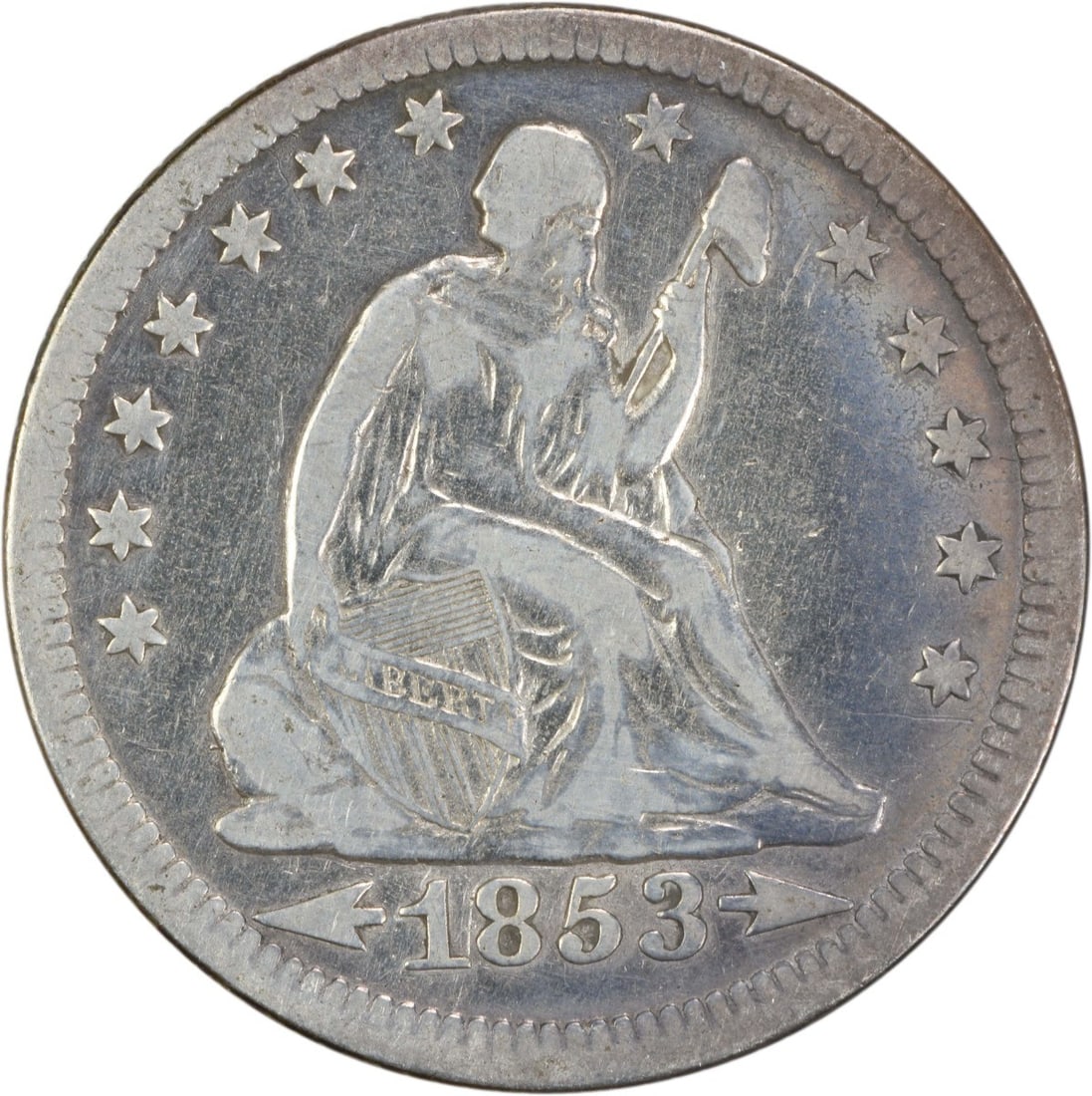 1853 Liberty Seated Silver Quarter 90% Silver Uncertified: 1853 Liberty Seated Silver Quarter 90% Silver Uncertified This 1853 Liberty Seated Silver Quarter features the design of Robert Ball Hughes and Christian Gobrecht. The coin is in Very Fine (VF) condit