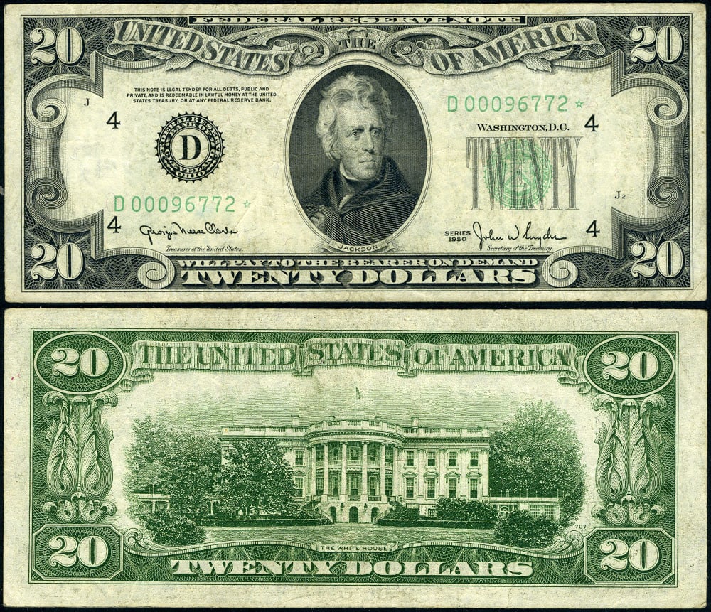 1950 $20 Federal Reserve Star Note D-* Cleveland VF: 1950 $20 Federal Reserve Star Note D-* Cleveland VF This $20 1950 Federal Reserve Note from the Cleveland D-* Block is a great addition to any collection. Graded as Very Fine (VF), this note exhibits 