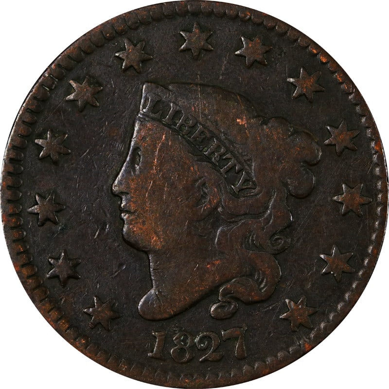 Copper United States Large Cent Coin from 1827 Circulated: Copper United States Large Cent Coin from 1827 Circulated This 1827 Large Cent is a circulated coin from the United States, crafted from copper. It is an uncertified, pre-owned item, offering collecto